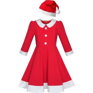 Sunny Fashion Girls Dress Christmas Santa Hat Long Sleeve Party New Year(Red White)