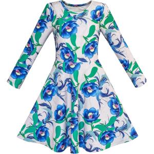 Sunny Fashion Girls Dress Green Forest Red Fox Long Sleeve Size 4-10(Blue)