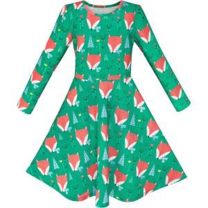 Sunny Fashion Girls Dress Green Forest Red Fox Long Sleeve Size 4-10(Green)