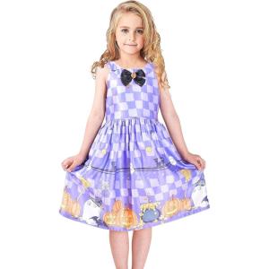 Sunny Fashion Girls Dress Halloween Party Witch Bat Pumpkin Halter Dress(Purple Plaid)