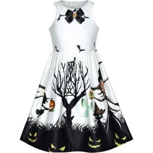 Sunny Fashion Girls Dress Halloween Party Witch Bat Pumpkin Halter Dress(White)