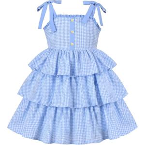 Sunny Fashion Girls Dress Heart Print Pink(Blue Plaid)