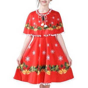 Sunny Fashion Girls Dress Jingle Bell Red Cape Cloak Christmas New Year(Jingle Bell Red)
