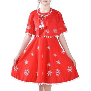 Sunny Fashion Girls Dress Jingle Bell Red Cape Cloak Christmas New Year(Pure Red)
