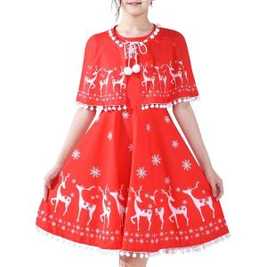 Sunny Fashion Girls Dress Jingle Bell Red Cape Cloak Christmas New Year(Red Reindeer)