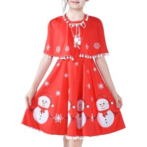 Sunny Fashion Girls Dress Jingle Bell Red Cape Cloak Christmas New Year(Snowman Red)