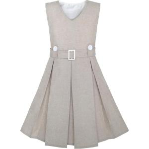 Sunny Fashion Girls Dress Khaki Button Back School Pleated Hem Size 6-14(Beige)