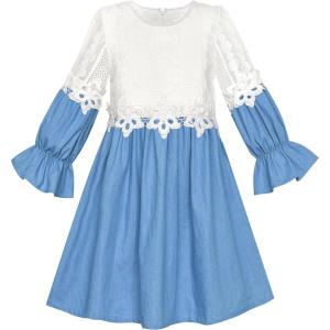 Sunny Fashion Girls Dress Long Sleeve Lace Blue A-line School Uniform(Blue White)