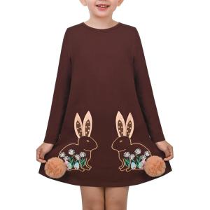 Sunny Fashion Girls Dress Mermaid Princess Long Sleeve Pocket Casual Cotton(Brown Bunny)