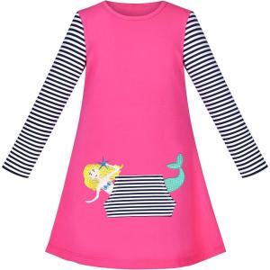Sunny Fashion Girls Dress Mermaid Princess Long Sleeve Pocket Casual Cotton(Pink Mermaid)
