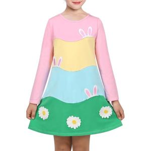 Sunny Fashion Girls Dress Mermaid Princess Long Sleeve Pocket Casual Cotton(Rainbow Bunny)