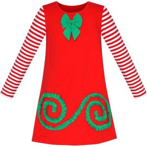 Sunny Fashion Girls Dress Mermaid Princess Long Sleeve Pocket Casual Cotton(Red Striped)