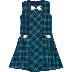Sunny Fashion Girls Dress Pink Tartan Back School Uniform Pocket A-line Dress(Greenish Blue)