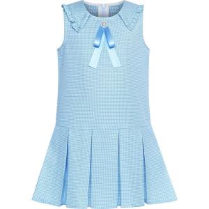 Sunny Fashion Girls Dress Pleated White Black Plaid Collar School Uniform(Blue)