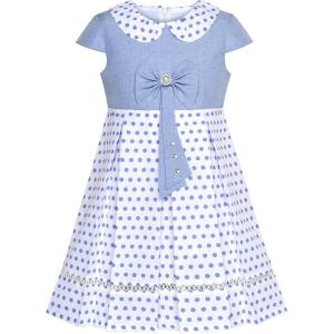 Sunny Fashion Girls Dress Polka Dot School Bow Tie Pearl Cap Sleeve Size 4-14