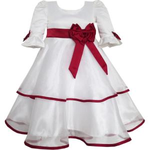 Sunny Fashion Girls Dress Red Rose Bow Tie Lace Formal Party Long Sleeve(White)