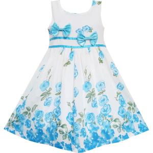 Sunny Fashion Girls Dress Rose Flower Double Bow Tie Party Sundress(Blue)