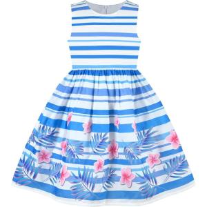 Sunny Fashion Girls Dress Rose Flower Double Bow Tie Party Sundress(Blue Striped)
