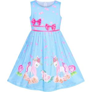 Sunny Fashion Girls Dress Rose Flower Double Bow Tie Party Sundress(Blue Unicorn)