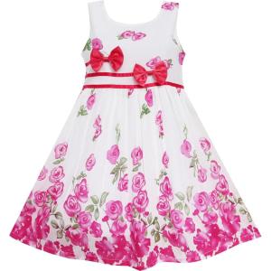 Sunny Fashion Girls Dress Rose Flower Double Bow Tie Party Sundress(Pink)