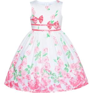 Sunny Fashion Girls Dress Rose Flower Double Bow Tie Party Sundress(Pink Flower)