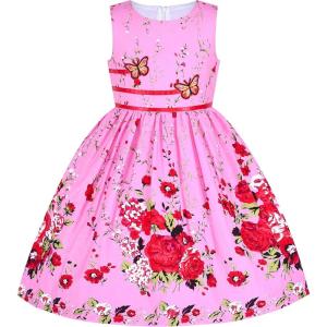 Sunny Fashion Girls Dress Rose Flower Double Bow Tie Party Sundress(Pink Flower Butterfly)