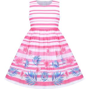 Sunny Fashion Girls Dress Rose Flower Double Bow Tie Party Sundress(Pink Striped)