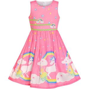 Sunny Fashion Girls Dress Rose Flower Double Bow Tie Party Sundress(Pink Unicorn)