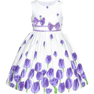 Sunny Fashion Girls Dress Rose Flower Double Bow Tie Party Sundress(Purple Tulip)