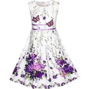 Sunny Fashion Girls Dress Rose Flower Double Bow Tie Party Sundress(Purple White)