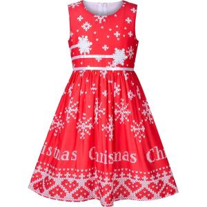 Sunny Fashion Girls Dress Rose Flower Double Bow Tie Party Sundress(Red Snowflakes)