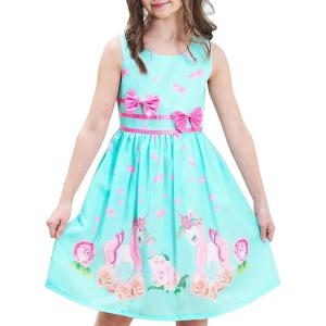 Sunny Fashion Girls Dress Rose Flower Double Bow Tie Party Sundress(Turquoise Unicorn)