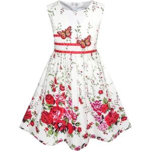 Sunny Fashion Girls Dress Rose Flower Double Bow Tie Party Sundress(White)