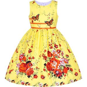 Sunny Fashion Girls Dress Rose Flower Double Bow Tie Party Sundress(Yellow Flower Butterfly)