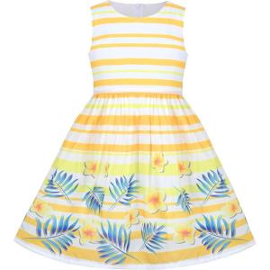 Sunny Fashion Girls Dress Rose Flower Double Bow Tie Party Sundress(Yellow Striped)