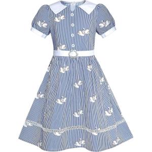 Sunny Fashion Girls Dress School Uniform Blue Strip Floral Print Gingham(Blue Swan)