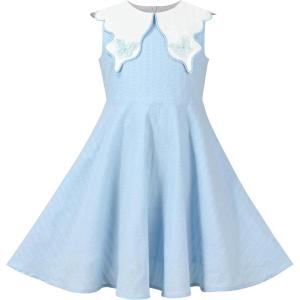 Sunny Fashion Girls Dress School Uniform Letter Print Sleeveless Ruffle Dress(Sky Blue)
