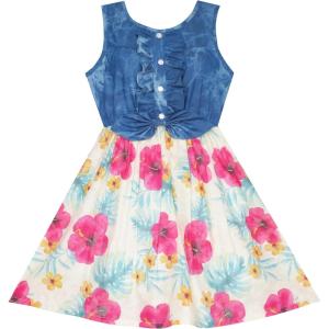 Sunny Fashion Girls Dress Skirt Blue Denim Floral Dress Bow Tie Casual Beach $