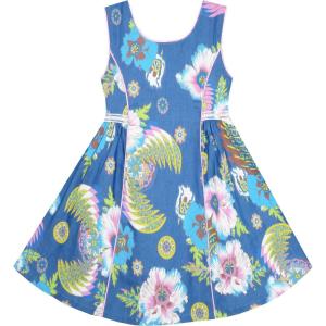 Sunny Fashion Girls Dress Sleeveless Denim Floral Print Flower Detailing
