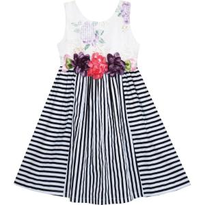 Sunny Fashion Girls Dress Sleeveless Stripes Floral Printed Flower Waist