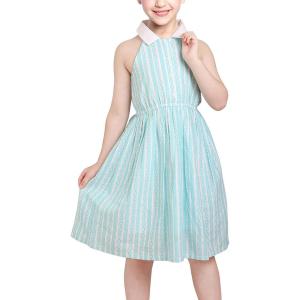 Sunny Fashion Girls Dress Turn-Down Collar Checkered Black White Summer 7-14(Blue)