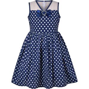 Sunny Fashion Girls Dress Turn-Down Collar Checkered Black White Summer 7-14(Blue Dot)