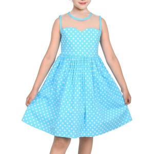 Sunny Fashion Girls Dress Turn-Down Collar Checkered Black White Summer 7-14(Blue Polka Dot)