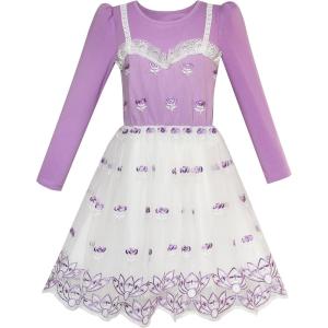 Sunny Fashion Girls Dress Turquoise Long Sleeve Lace 2-in-1 Princess Tutu(Purple)