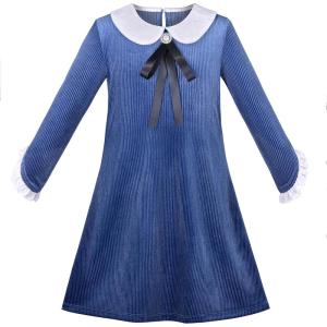 Sunny Fashion Girls Dress White Collar Long Sleeve School Uniform Size 5-10(Blue)