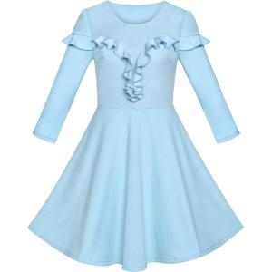 Sunny Fashion Women’s Ruffled Decoration Long Sleeve Vintage Casual Party Dress(Blue)