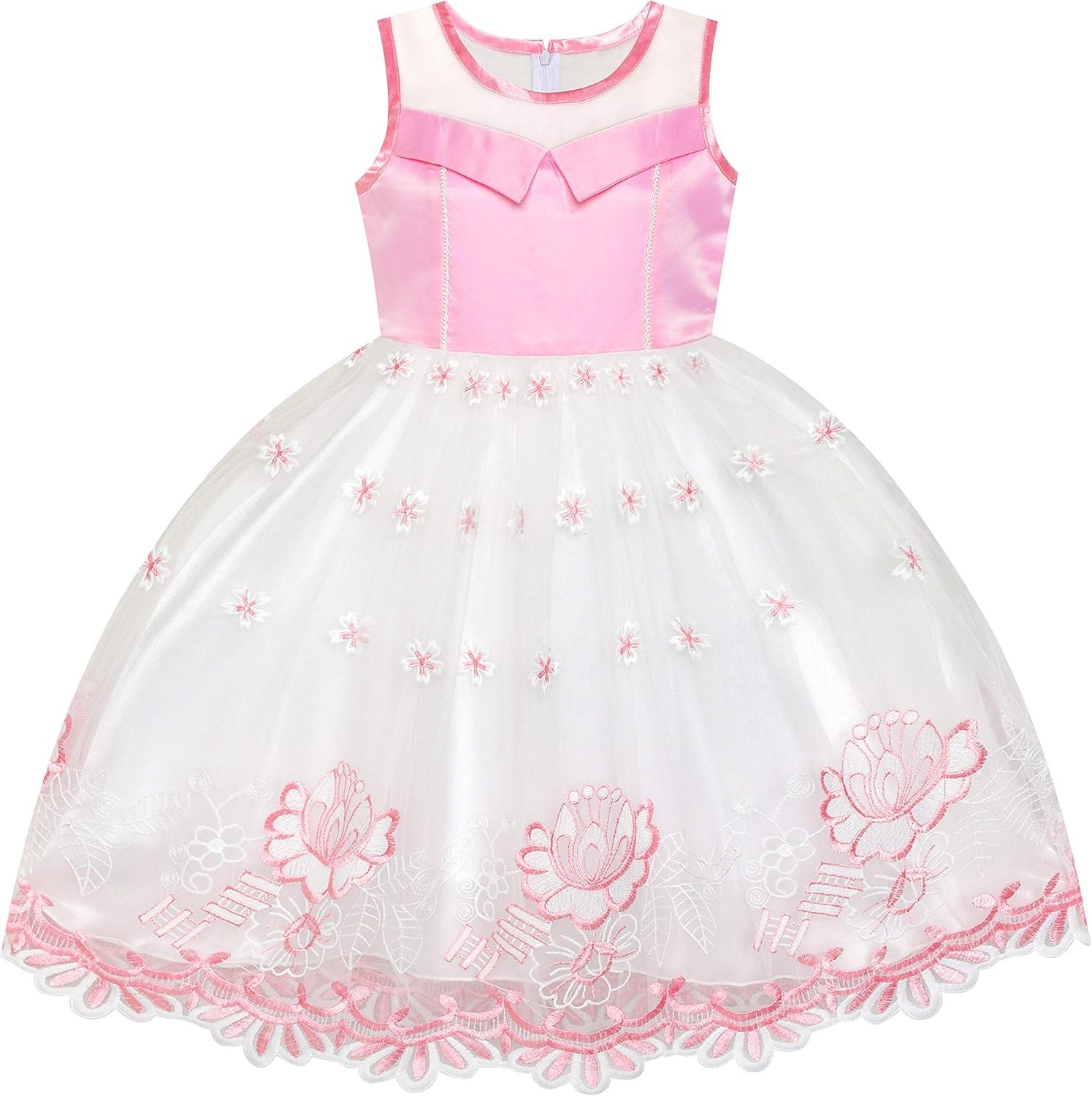 imageSunny Fashion Flower Girls Dress Purple Tiered Skirt Bridesmaid WeddingPink Embroidery Tulle