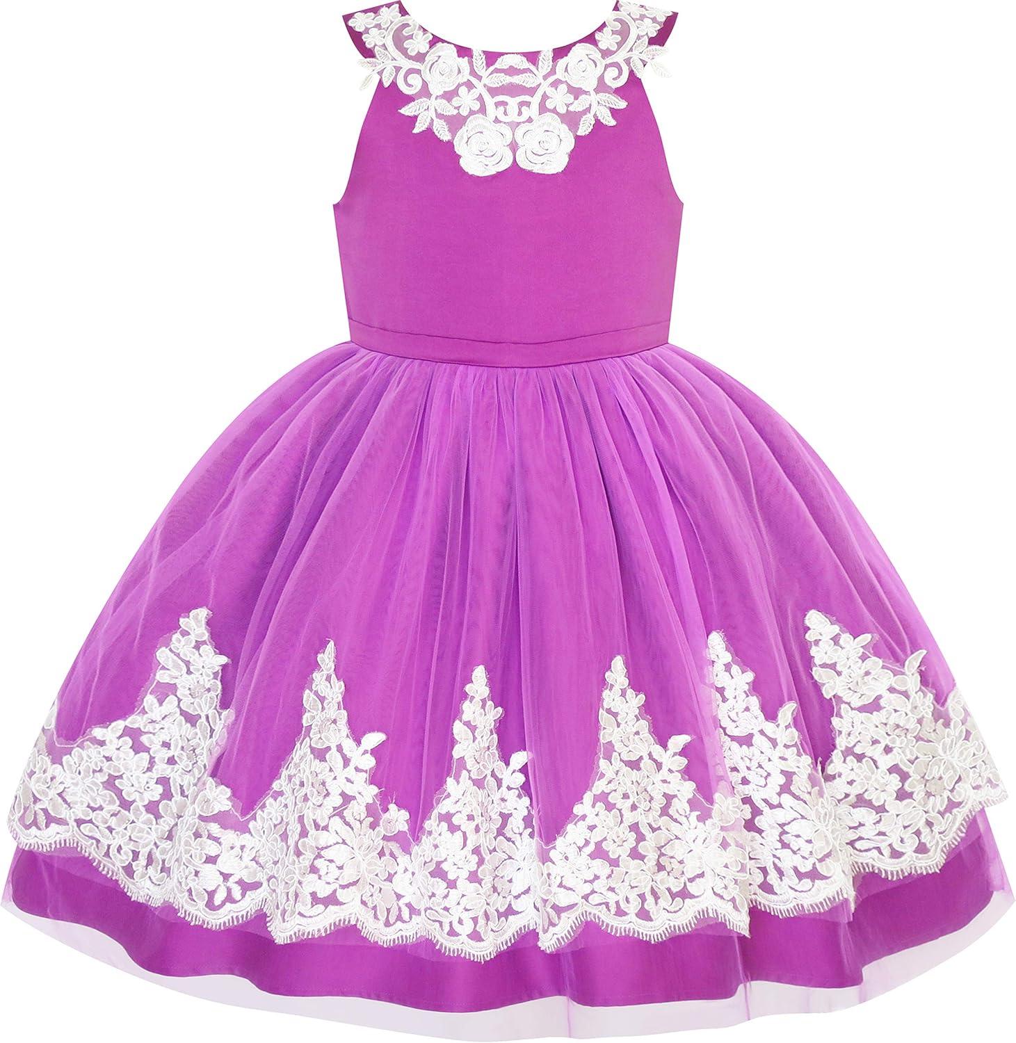 imageSunny Fashion Girls Dress Vintage Flower Lace Purple Wedding Party Size 714Purple