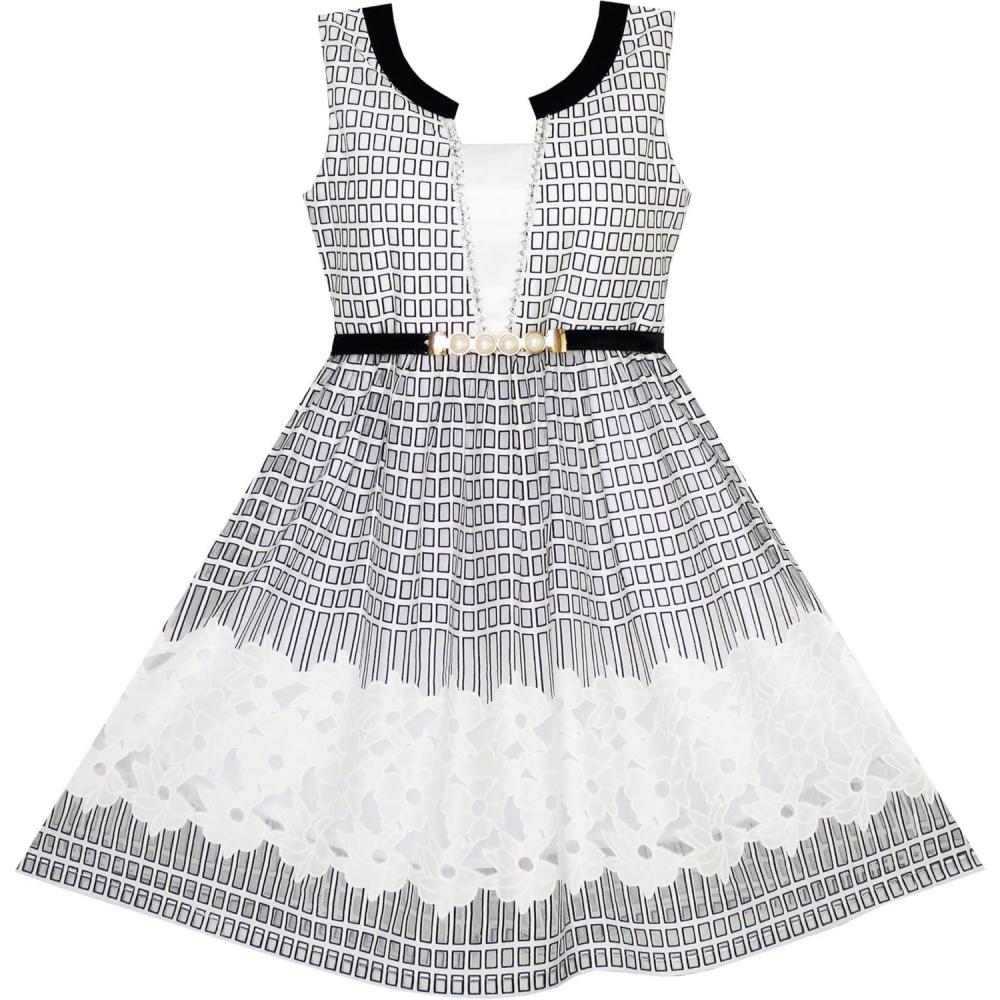 imageSunny Fashion 2in1 Girls Party Dress Checked Black White Lace Belt 714