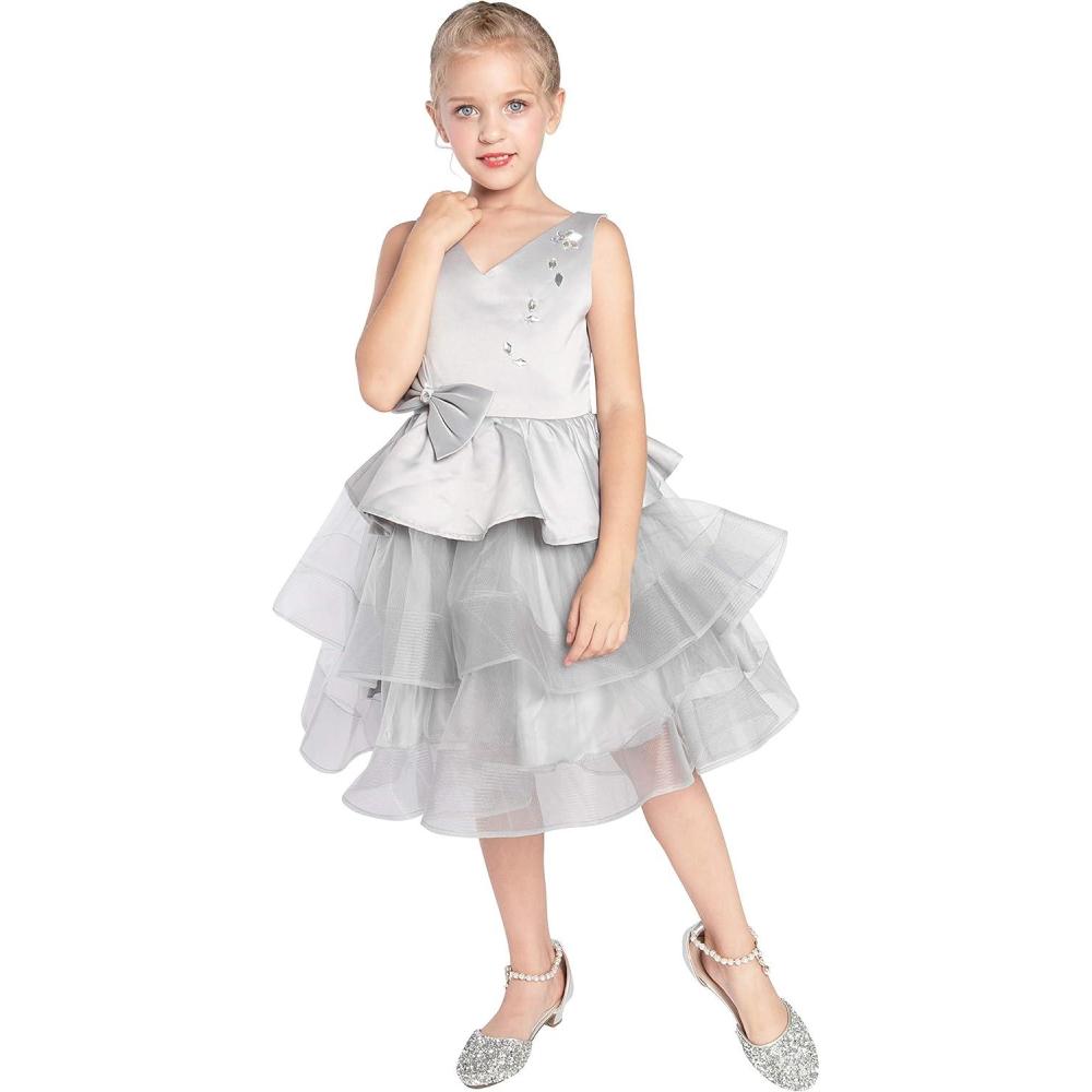 imageSunny Fashion Flower Girls Dress Tiered Ruffle Skirt Blue Pageant Size 612Gray
